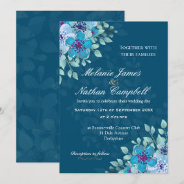 Floral Elegant Navy Blue en Light Blue Waterverf Kaart