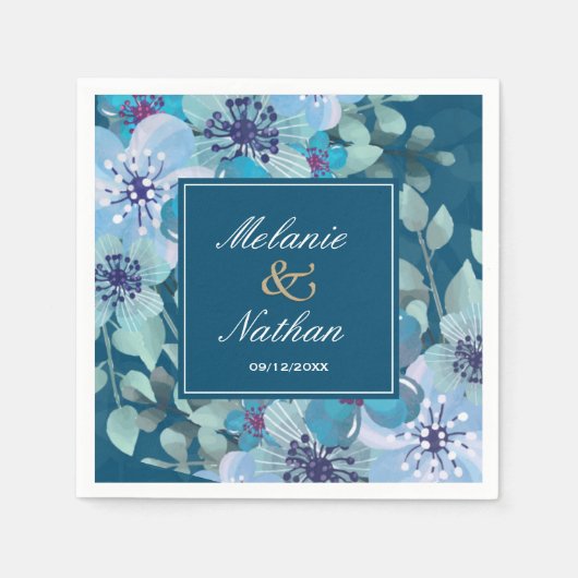 Floral Elegant Navy Blue en Light Blue Waterverf Servet (Voorkant)
