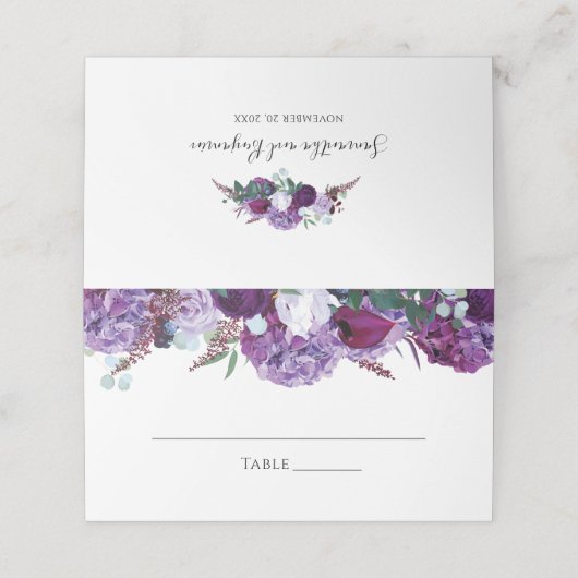 Floral Elegant Paarse Botanische Huwelijk Plaatskaartje (Buitenkant ongevouwen)