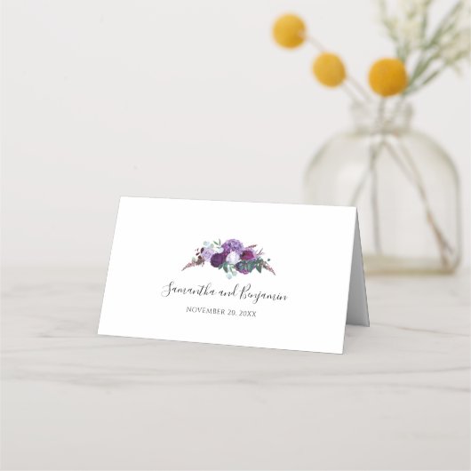 Floral Elegant Paarse Botanische Huwelijk Plaatskaartje (Achterkant)