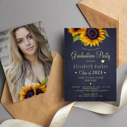 Floral elegant PHOTO rustic graduation party Kaart