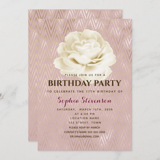 Floral Elegant Pink Birthday Uitnodiging (Voorkant / Achterkant)