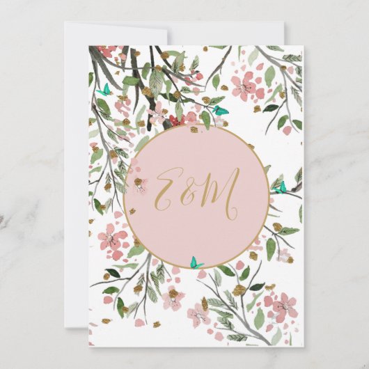 Floral Elegant Pink Gold Chinoiserie Wedding Kaart (Voorkant)