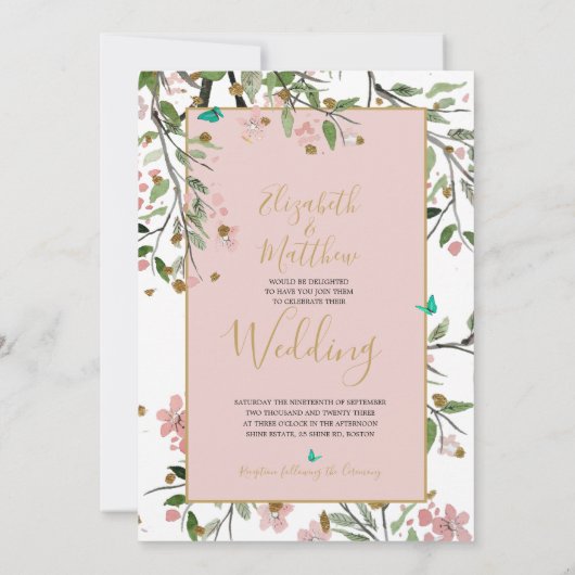 Floral Elegant Pink Gold Chinoiserie Wedding Kaart (Achterkant)