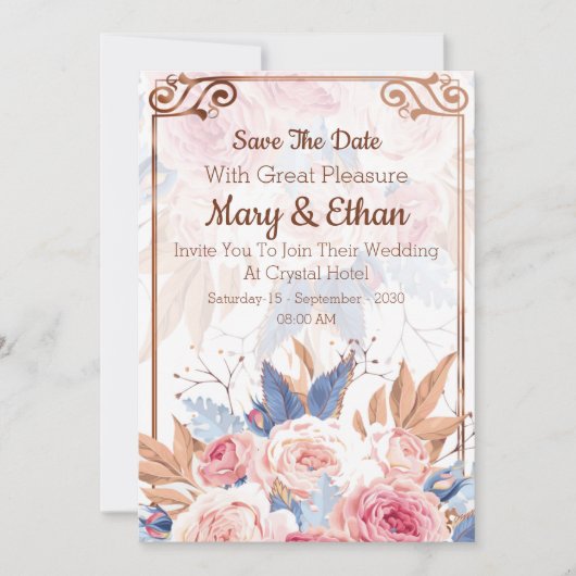 Floral Elegant Pink Rose Wedding Kaart (Voorkant)