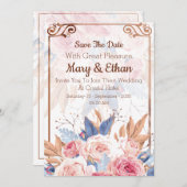 Floral Elegant Pink Rose Wedding Kaart (Voorkant / Achterkant)