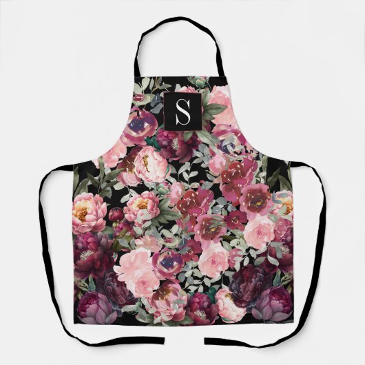  Floral Elegant Pioen Monogrammed Schort (Voorkant)