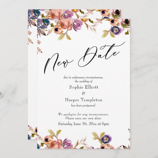 Floral Elegant Postponed Wedding New Date Card Kaart (Voorkant / Achterkant)