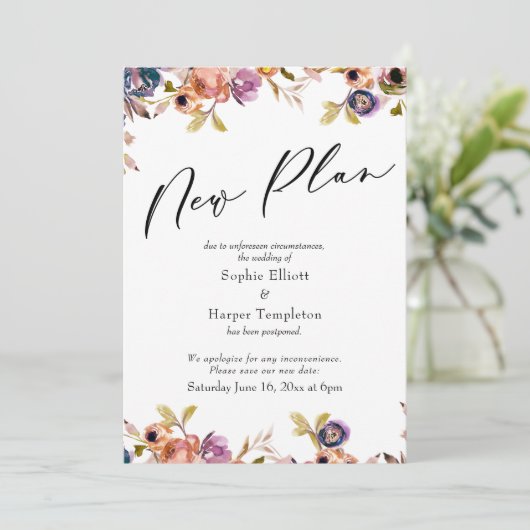 Floral Elegant Postponed Wedding New Plan Card Kaart (Staand voorkant)