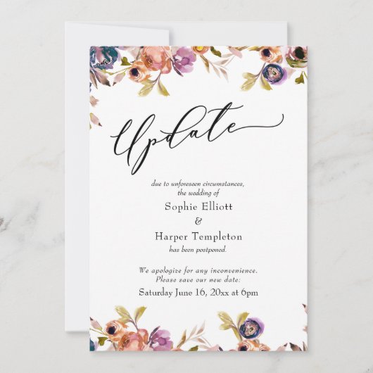 Floral Elegant Postponed Wedding Update Card Kaart (Voorkant)