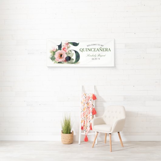 Floral Elegant Quinceanera 15e verjaardag Spandoek (Insitu)