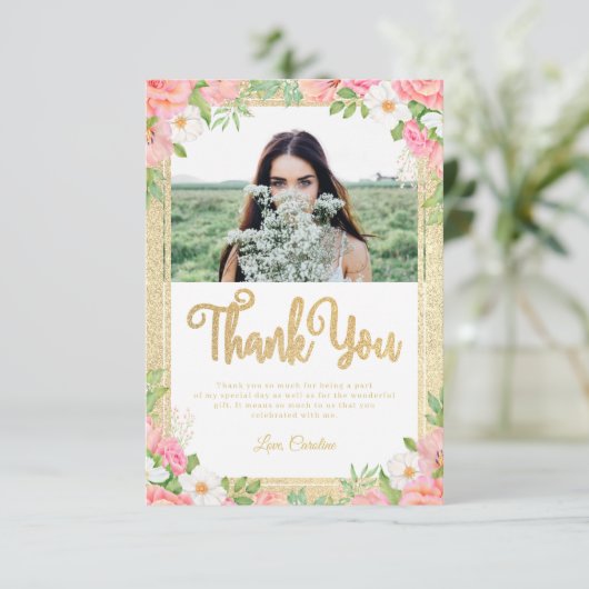 Floral Elegant Roos Tulp Roze Foto Bedankkaart (Staand voorkant)