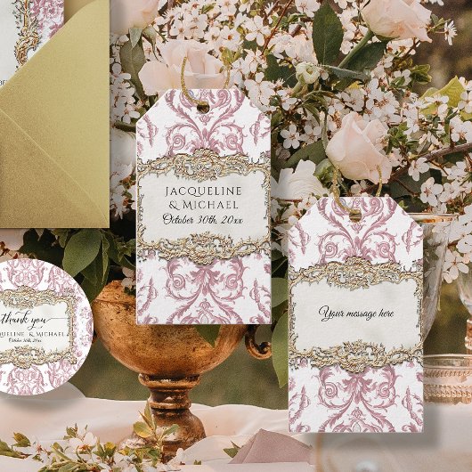 Floral Elegant  Roze en Wit Gouden Bruid Cadeaulabel