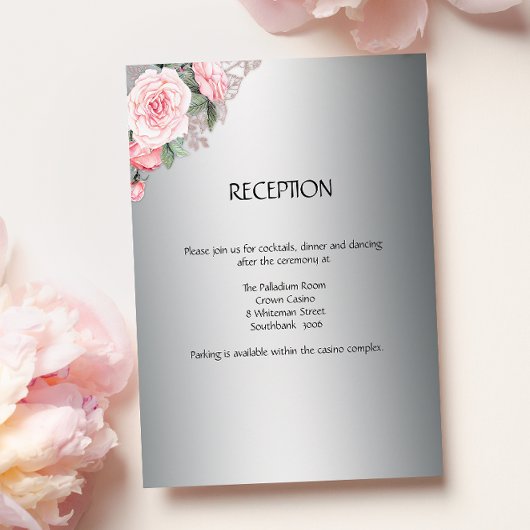 Floral Elegant Roze Rozen Zilver Bruiloft Receptie Informatiekaartje