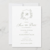 Floral Elegant Rozen Crest Monogram Save the Date Kaart (Voorkant)