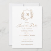 Floral Elegant Rozen Crest Monogram Save the Date Kaart (Voorkant)