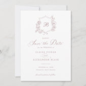 Floral Elegant Rozen Crest Monogram Save the Date Kaart (Voorkant)