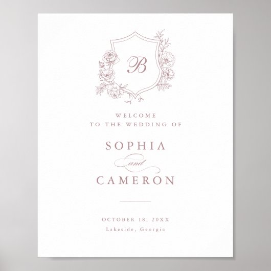 Floral Elegant Rozen Monogram Crest Welkomstbord Poster (Voorkant)