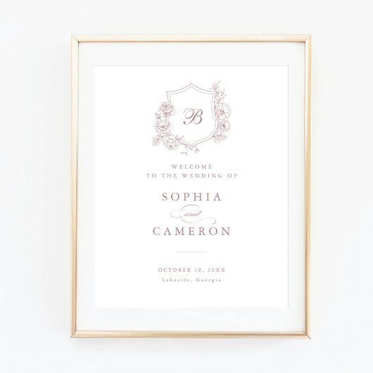 Floral Elegant Rozen Monogram Crest Welkomstbord Poster