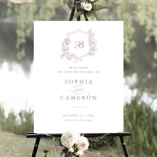 Floral Elegant Rozen Monogram Crest Welkomstbord Poster