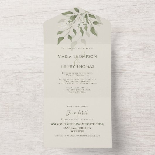 Floral Elegant Sage Green Greenery Foliage All In One Uitnodiging (Binnen)