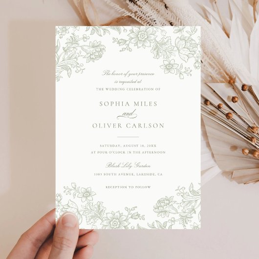 Floral Elegant  Salie Groen Bruiloft Kaart