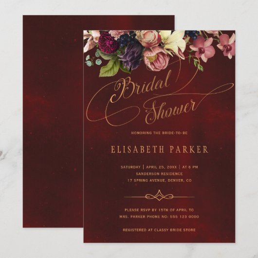 Floral elegant script bogundy vrijgezellenfeest kaart (Voorkant / Achterkant)