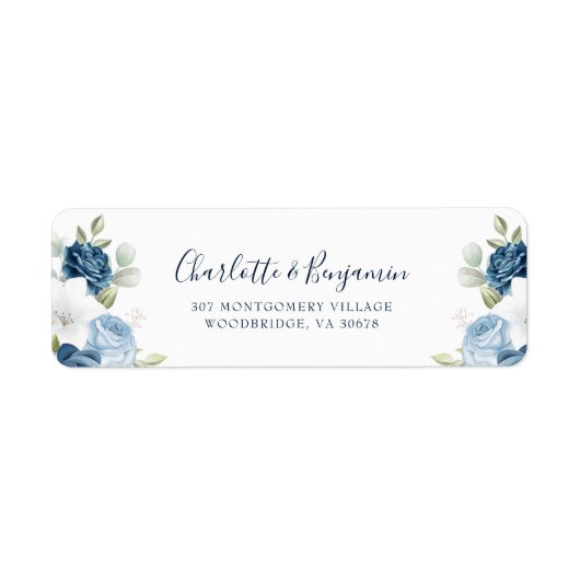 Floral Elegant Script Dusty Blue Retour Adres Etiket (Voorkant)