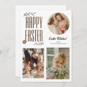 Floral Elegant Script Pasen Familie Drie Foto Feestdagenkaart (Voorkant / Achterkant)