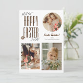 Floral Elegant Script Pasen Familie Drie Foto Feestdagenkaart (Staand voorkant)