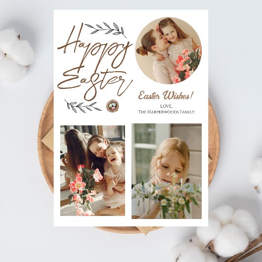 Floral Elegant Script Pasen Familie Drie Foto Feestdagenkaart