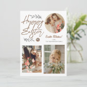 Floral Elegant Script Pasen Familie Drie Foto Feestdagenkaart (Staand voorkant)