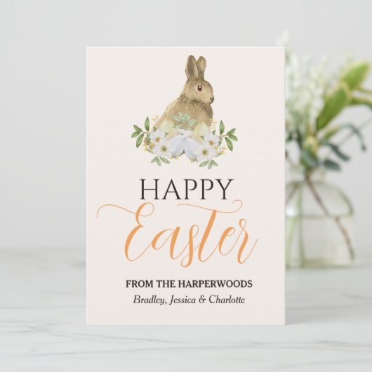 Floral Elegant Script Pasen Familie Paashaas Feestdagenkaart (Staand voorkant)