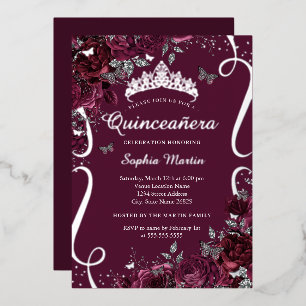 Floral Elegant Scroll Bourgogne Quinceanera Folie Uitnodiging