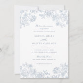 Floral Elegant  Stoffig Blauw Bruiloft Kaart (Voorkant)