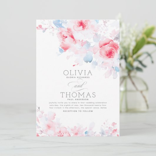 Floral Elegant Stoffig Blauw en Roze Bruiloft Kaart (Staand voorkant)