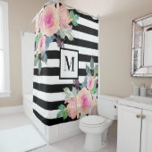 Floral Elegant Stripes Monogram Roze Zwart Wit Douchegordijn (In situ)