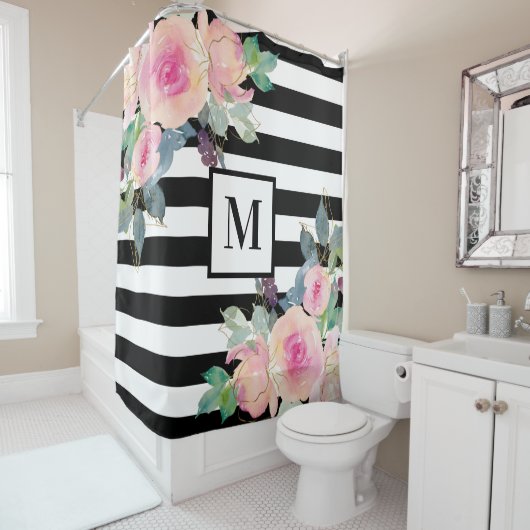 Floral Elegant Stripes Monogram Roze Zwart Wit Douchegordijn (In situ)