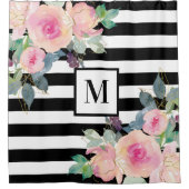 Floral Elegant Stripes Monogram Roze Zwart Wit Douchegordijn (Voorkant)