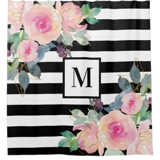 Floral Elegant Stripes Monogram Roze Zwart Wit Douchegordijn (Voorkant)
