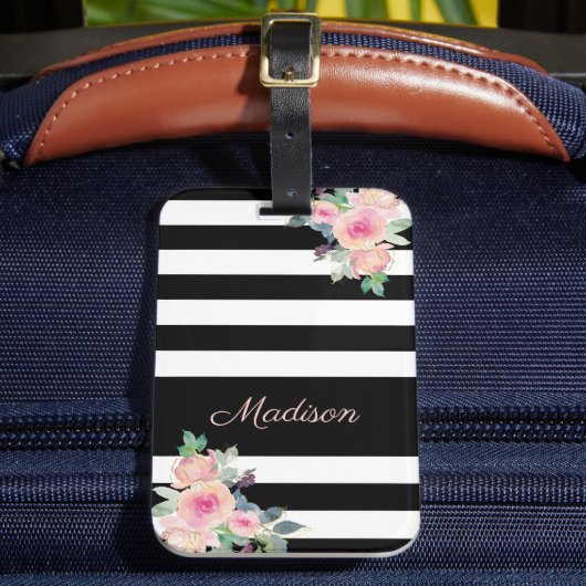 Floral Elegant Stripes Naam Roze Black White Bagagelabel (Voorkant Insitu 2)
