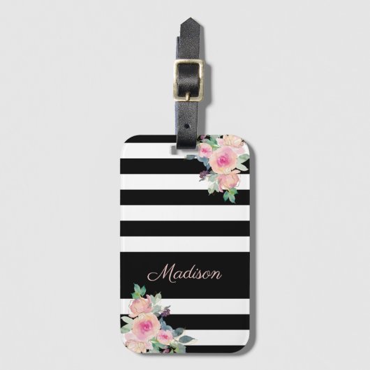 Floral Elegant Stripes Naam Roze Black White Bagagelabel (Voorkant (verticaal))