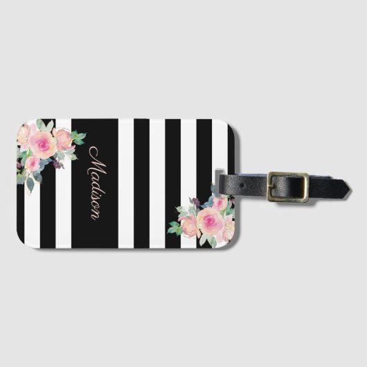 Floral Elegant Stripes Naam Roze Black White Bagagelabel (Voorkant (horizontaal))
