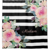Floral Elegant Stripes Naam Roze Black White Douchegordijn (Voorkant)