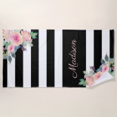 Floral Elegant Stripes Naam Roze Black White Strandlaken (Voorkant)