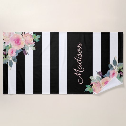 Floral Elegant Stripes Naam Roze Black White Strandlaken (Voorkant)