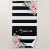 Floral Elegant Stripes Naam Roze Black White Strandlaken (Voorkant)