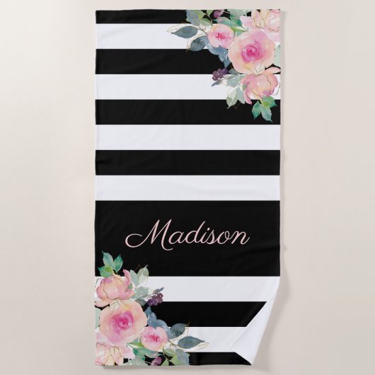 Floral Elegant Stripes Naam Roze Black White Strandlaken (Voorkant)