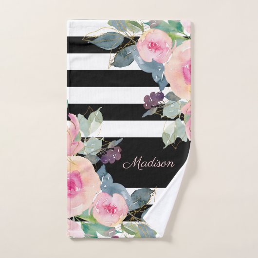Floral Elegant Stripes Roze Zwart wit Handdoek (Handdoek)