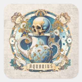 Floral Elegant Waterman Zodiac Sign Schedel Vierkante Sticker